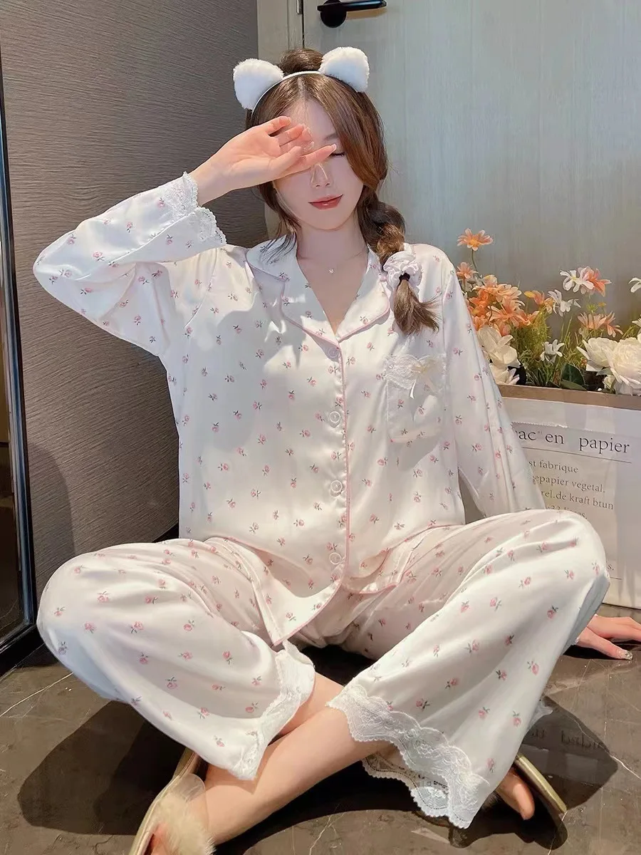 Women\'s Pajamas Sets Spring Autumn 2 Piece Print Pyjama Faux Silk Satin Sleepwear Long Sleeve Button Pijama Mujer Pjs Homewear