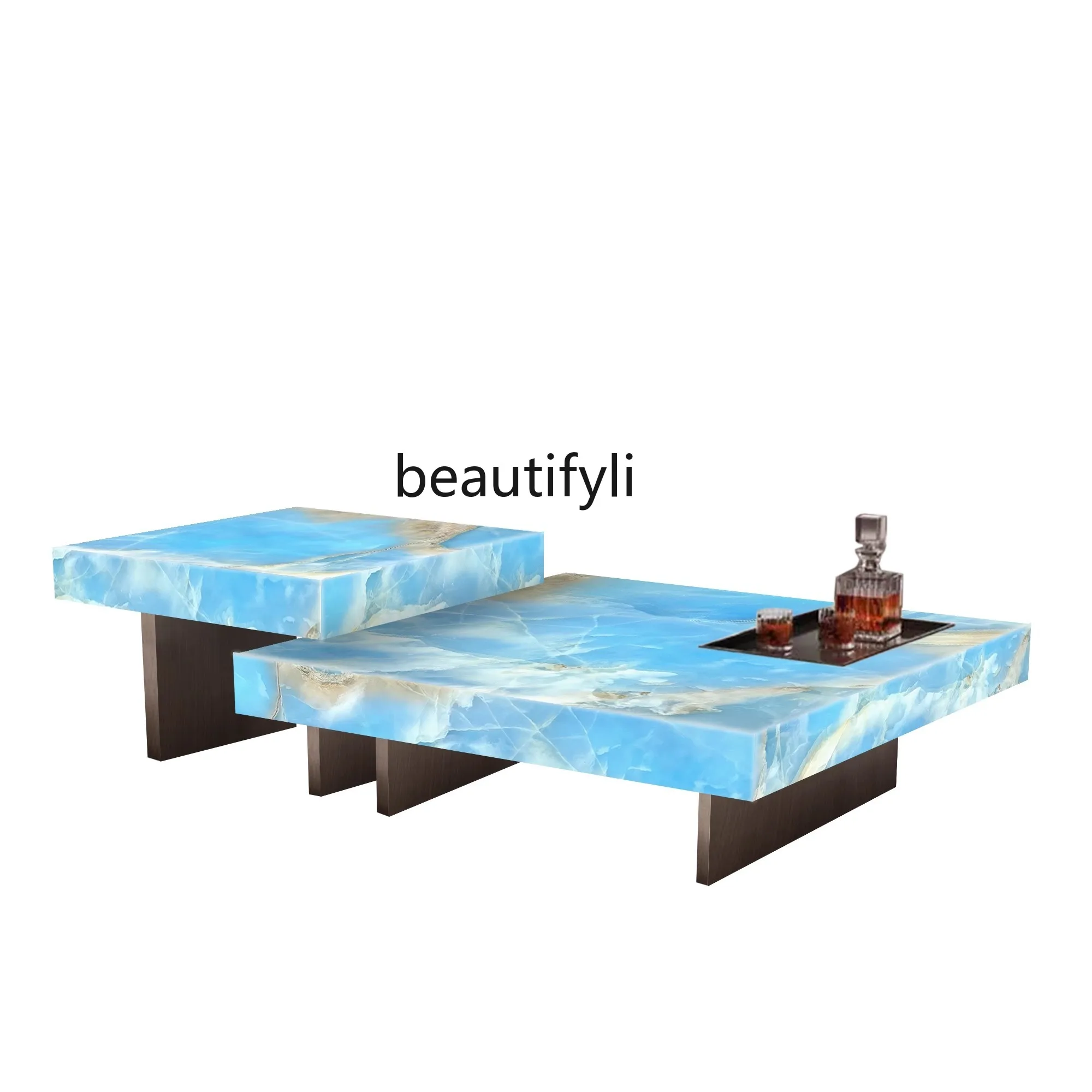 Blue jade luminous box coffee table combination living room square, large flat Nordic, coffee table