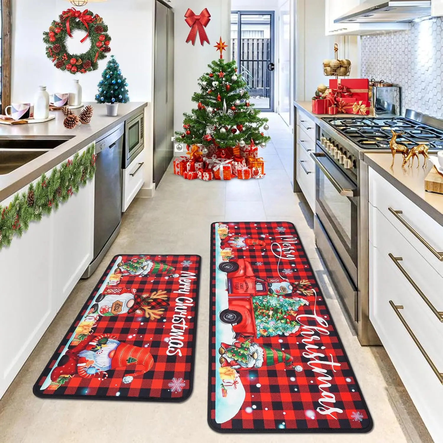 VIKAMA 2 Stück Frohe Weihnachten Küchenläufer Teppiche Rot Schwarz Büffel Plaid Weihnachten Küche Dekor Gnome Truck Weihnachten für Heimdekoration