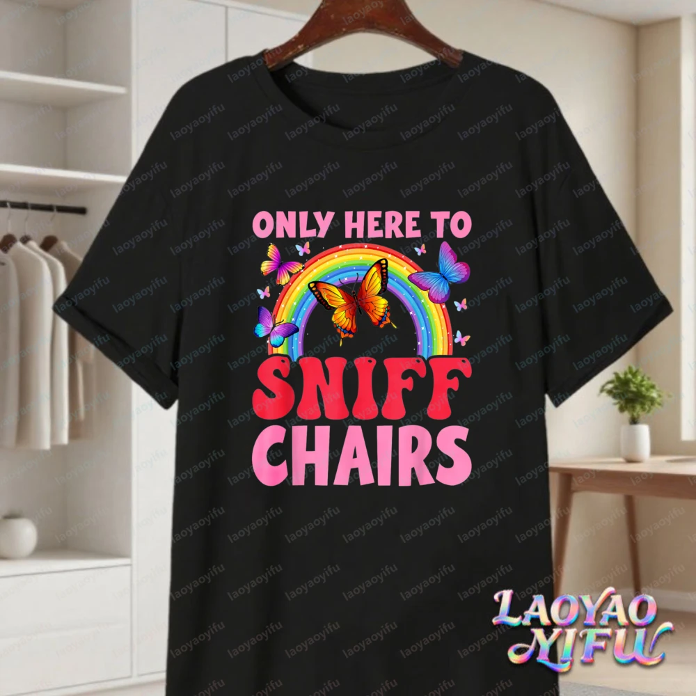 Hilarious Sniff Chairs Cotton Tee Cute Rainbow Butterfly Graphic T-Shirt Hot Sale Funny Meme Y2k Tops Summer Clothes for Women