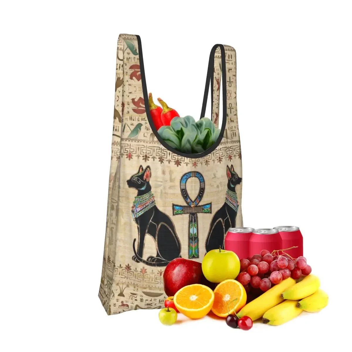 Egyptian Cats And Ankh Cross Portable Tote Shopping Bags Foldable Shopper Bag Groceries Handbag Shoulder Bag