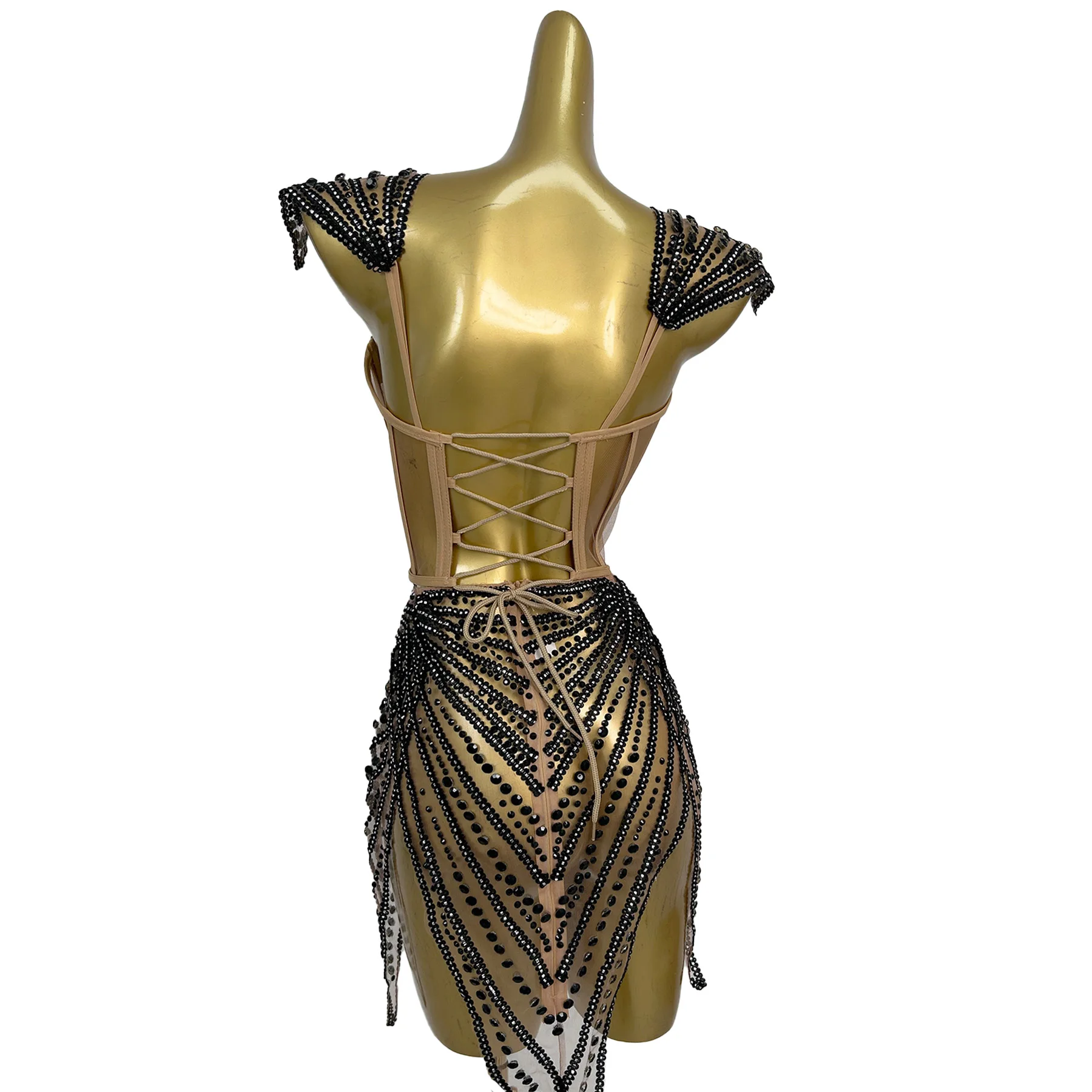 Jianrui مثير الكرة منظور شبكة العباءات ضيق مشد اللباس الأسود حجر الراين غير النظامية تنورة قصيرة شريط الأداء اللباس #4