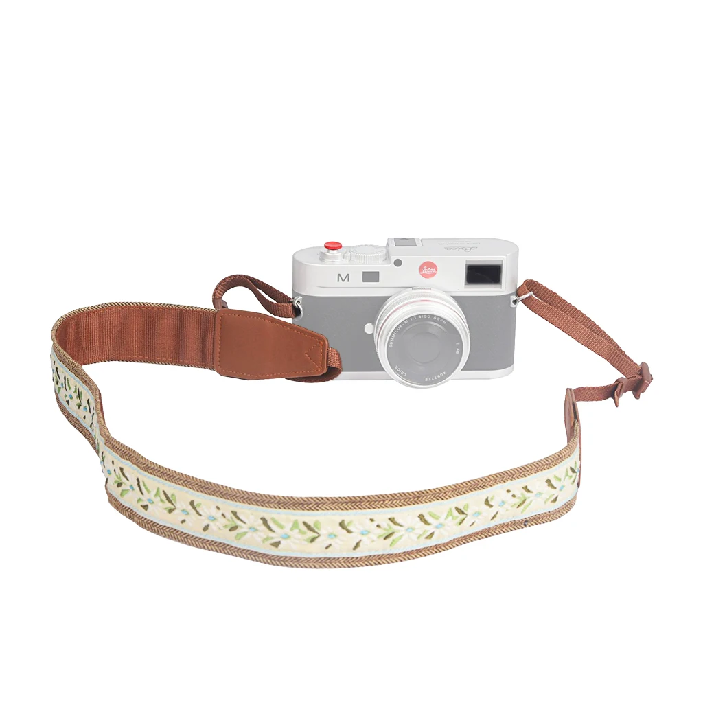 Embroidered SLR Camera Strap Vintage Flowers Adjustable Shoulder Strap Bands Leather Head