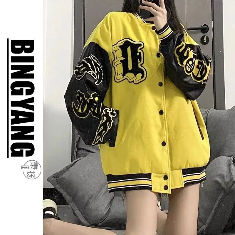 American retro baseball jacket with flame elements, yellow letters, street couple jacket, women's 2024 Spring and Autumn new