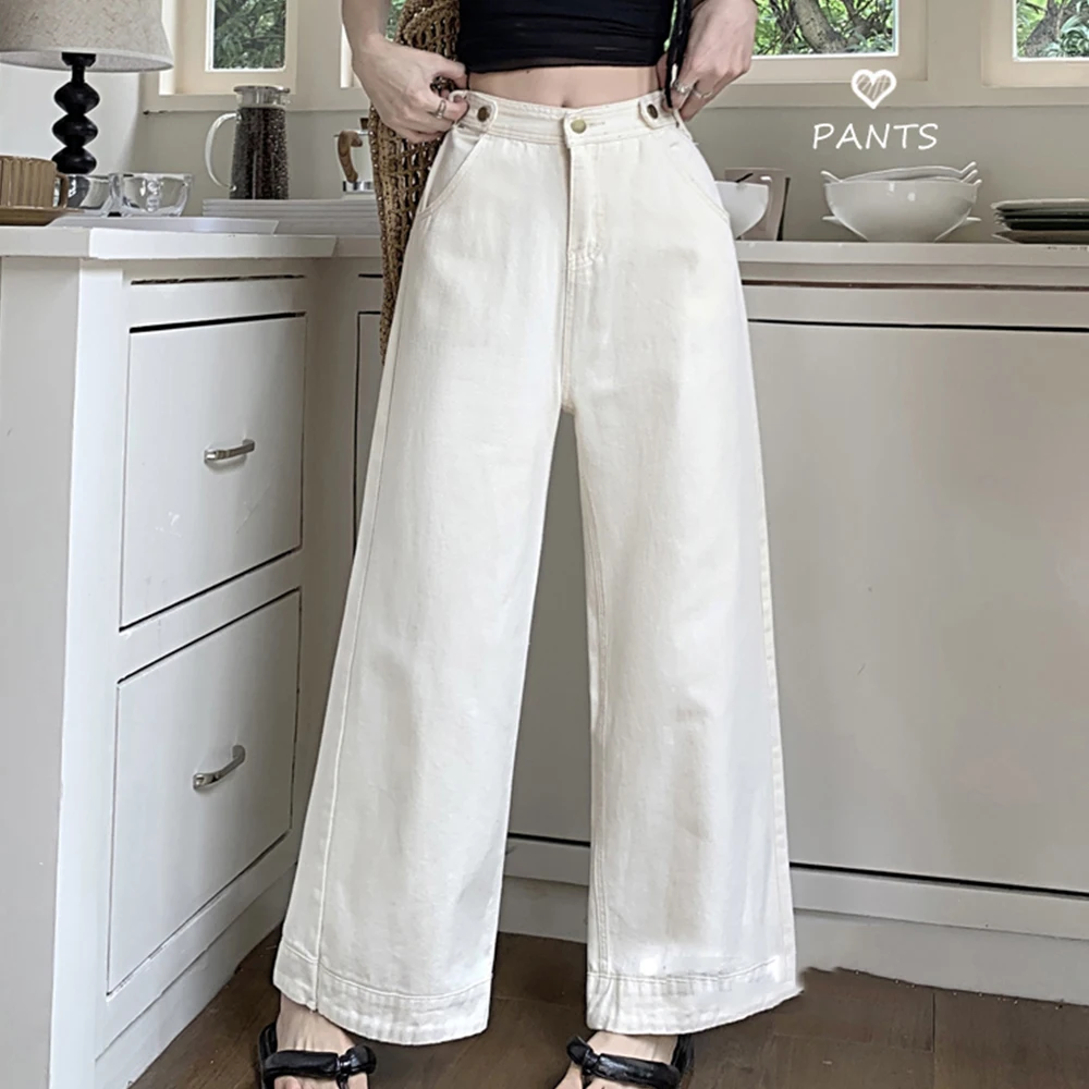 

Женские простые бежевые джинсовые брюки с высокой талией, однотонные широкие джинсы, универсальные женские свободные прямые джинсовые брюки для отдыха