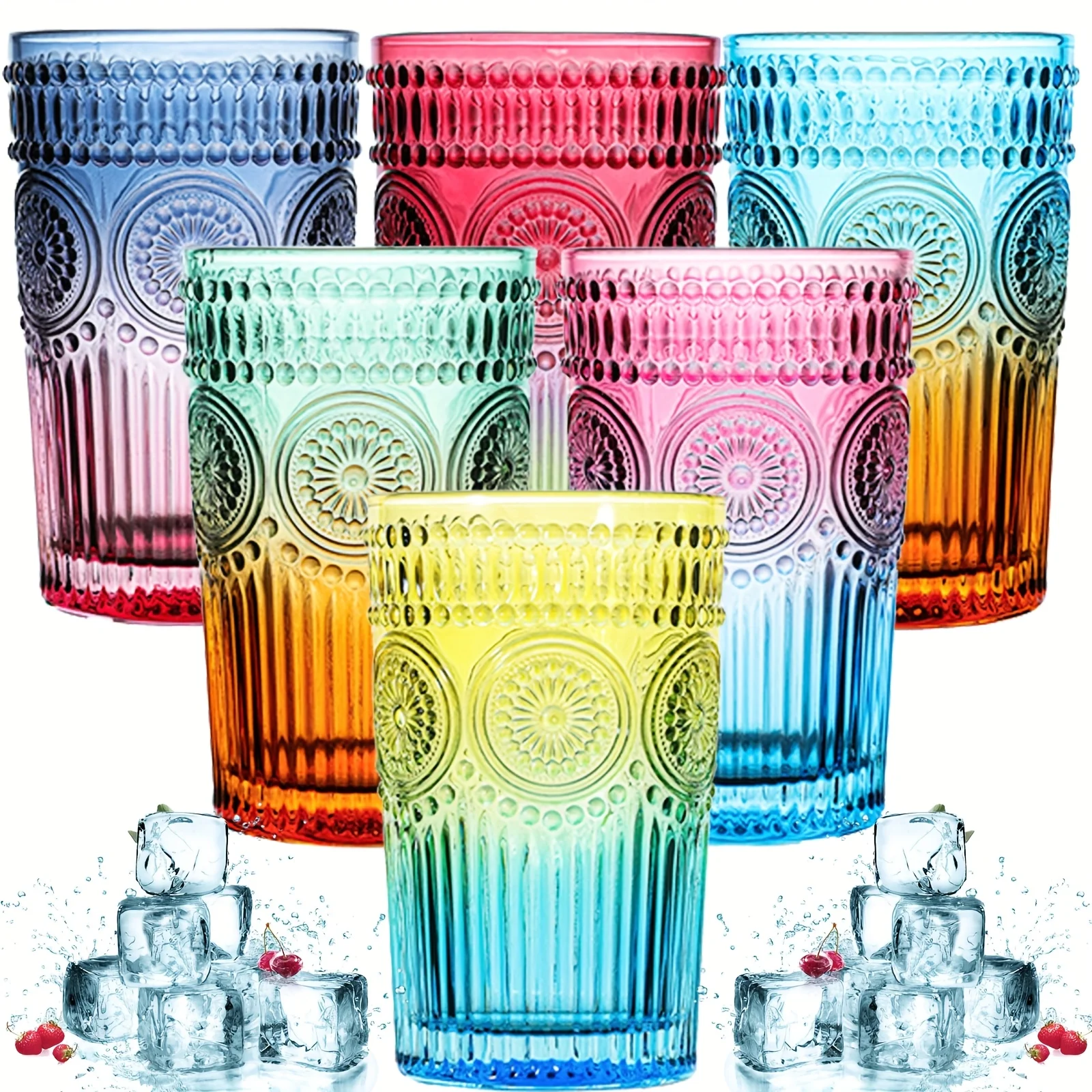 

Vintage Glassware Drinking Glasses Set Of 6, 13 Oz Colored Textured Flower Design Glass Water Tumblers, Embossed Striped Drin