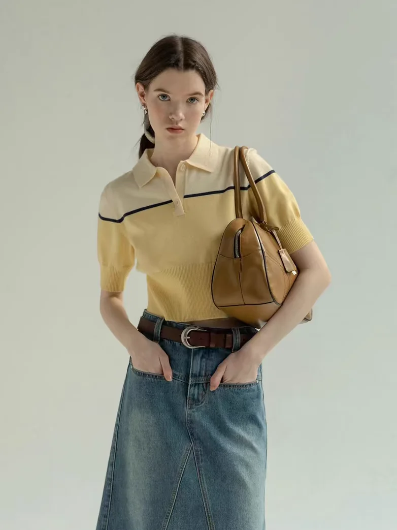 

French Contrast Polo Collar Knitted T-Shirt Women's 2025 Summer New Fashion Casual Short Sleeve Top