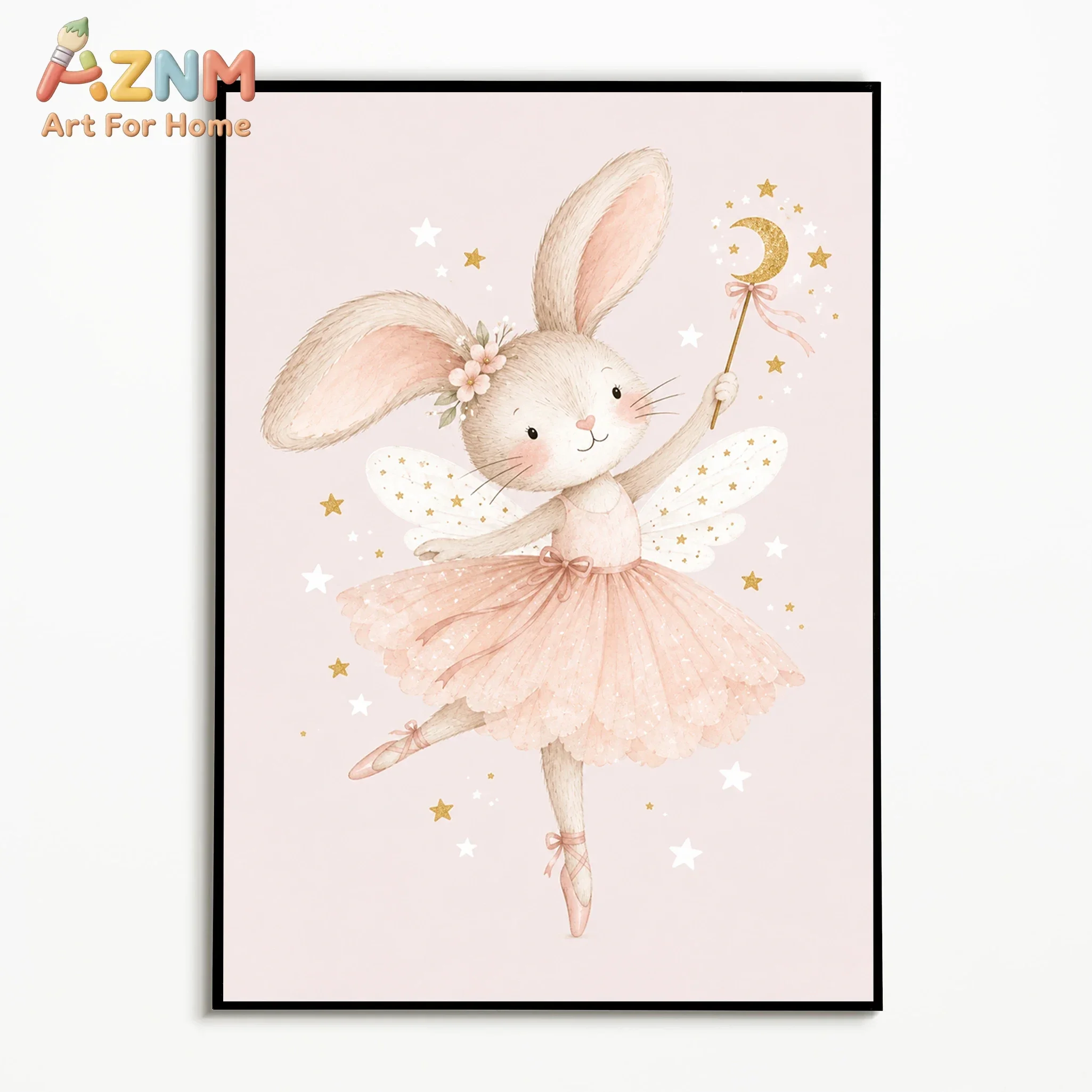 AZNM Cute Ballerina Mouse Canvas Wall Art Pink Tutu Fairy Mouse Magic Wand Watercolor Print Painting Sweet Cartoon Animal Poster