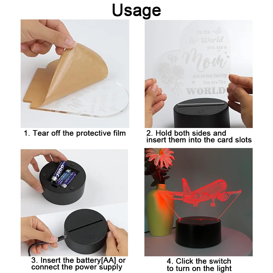 Aeronave 3D Modelo Nightlight com Interface USB, Fonte de Alimentação Ajustável, Touch Sensing Base, 7 Cores, 4 Modos, Aniversário, Natal