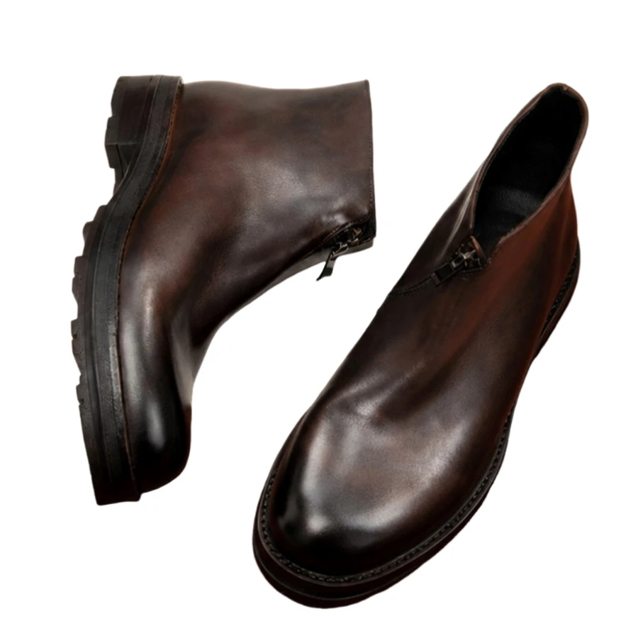 Men Genuine Leather Ankle Boots Vintage Washed Round Toe Side Zipper Thick Sole Non‑Slip Male Business Casual Street BH0207