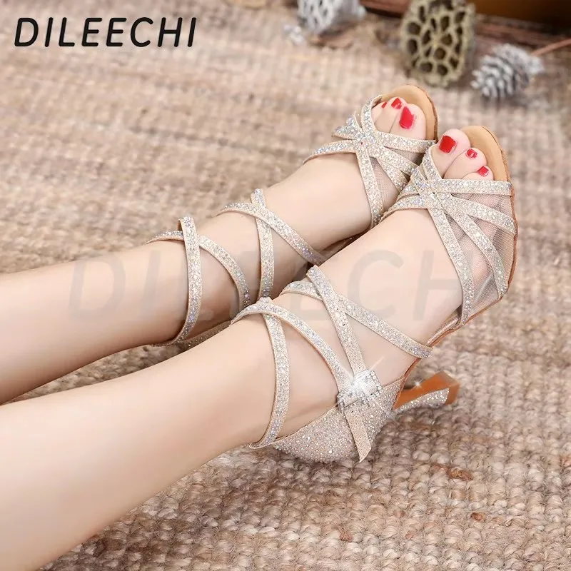 DILEECHI Latin Dance Shoes Women Gold Glitter Rhinestone With Net Salsa Party Wedding Cuba Heel 9cm Flash Ballroom Dancing Shoes