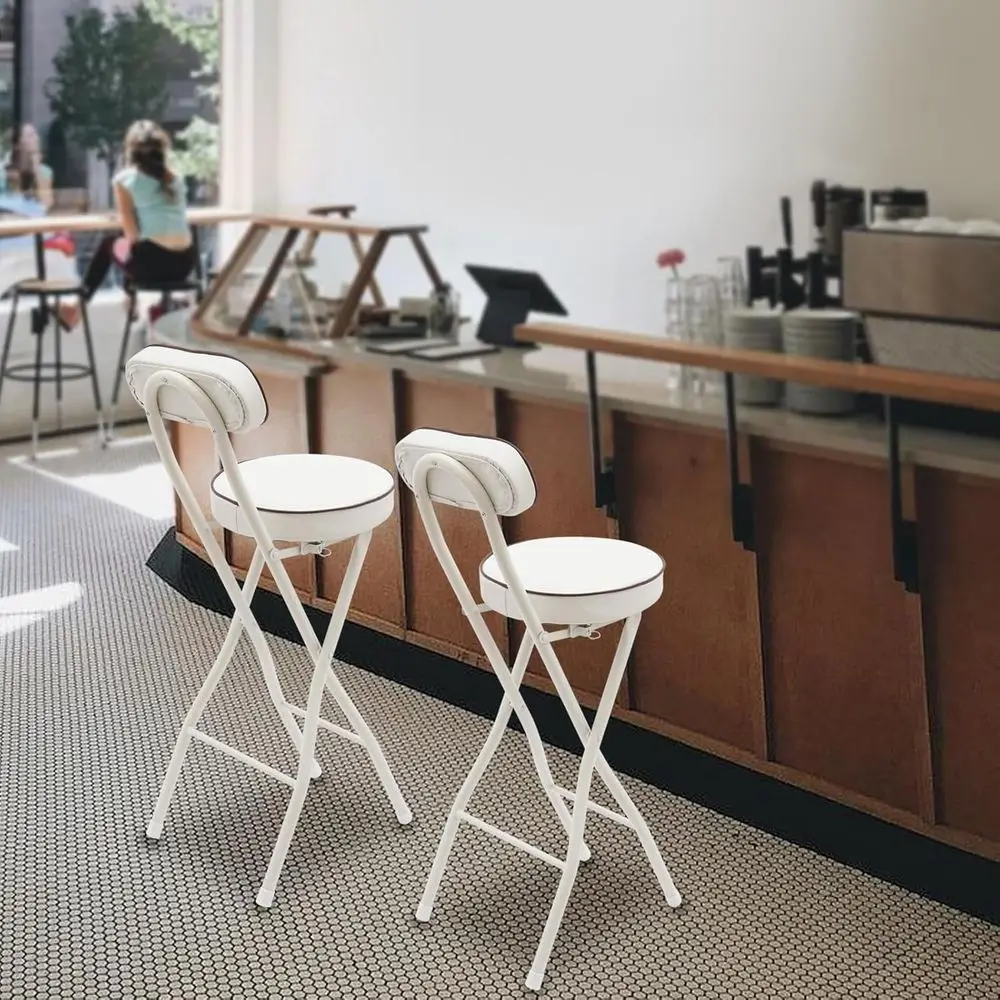 

White Leather Padded Collapsible Bar Stool with Back, Adjustable Height for Kitchen Island or Cafe