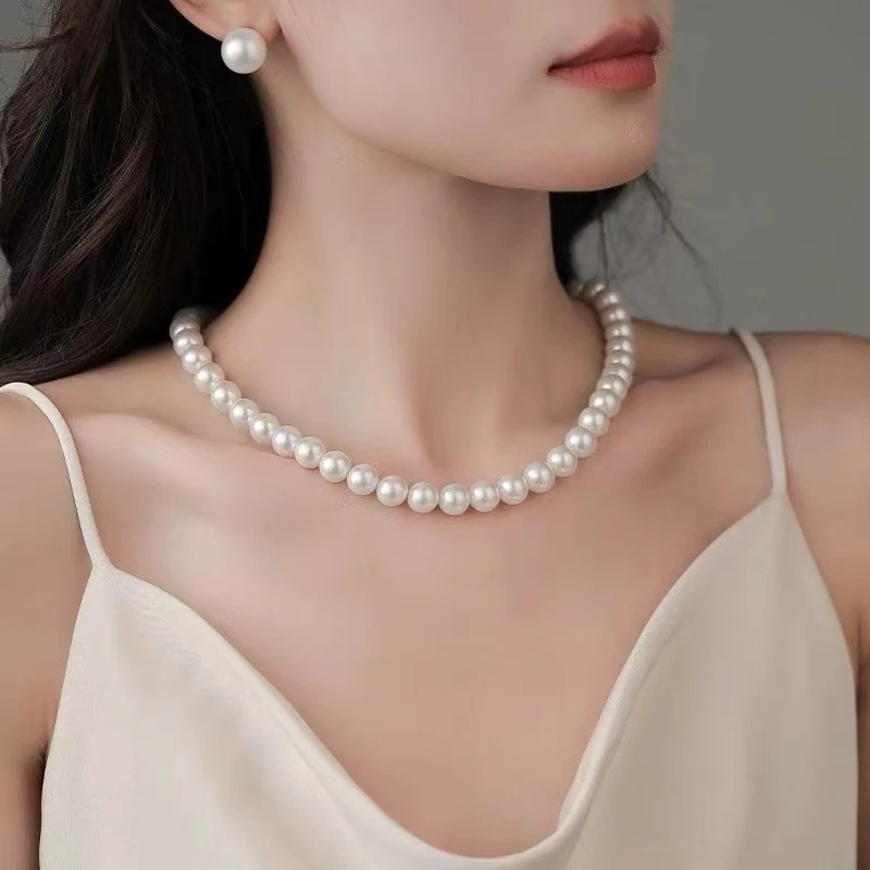 

Natural freshwater 9-10mm round high-luster s925 silver clasp pearl necklace