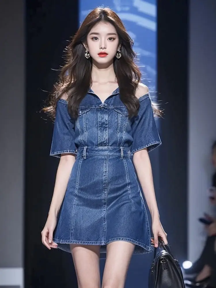 Korea Denim Off Shoulder Dress High-End Model Retro Dating Dress Strapless Denim Dress Female Summer 2024 New