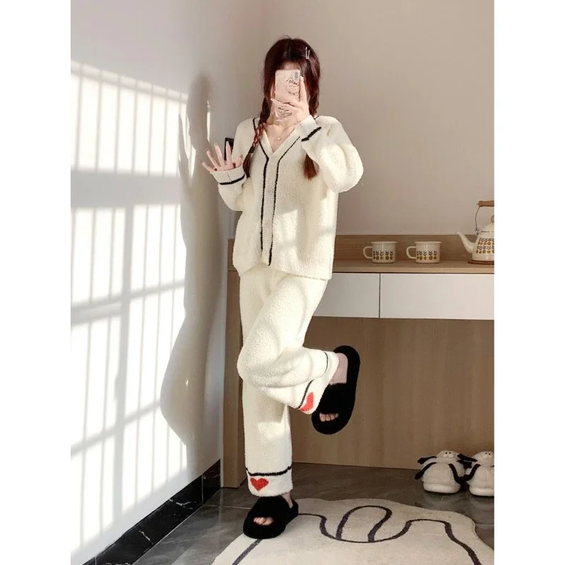 Pajamas Female Autumn Winter Love Intensification Coral Fleece Loungewear Set Pijamas Women Korean Version Advanced Half Pile