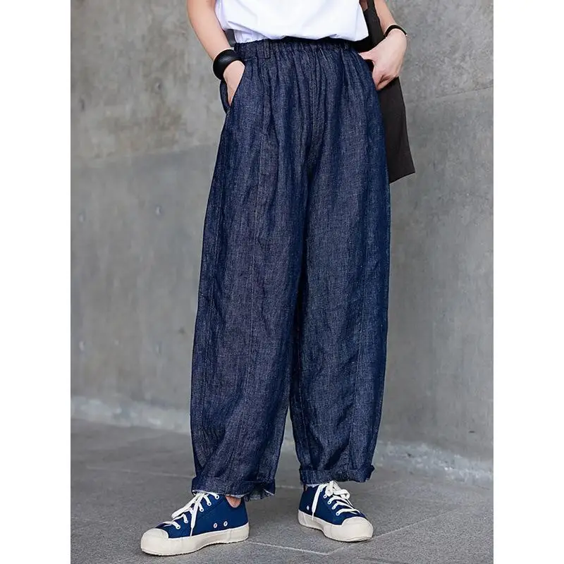 

Новое поступление, весна-лето, женские винтажные синие брюки свободной длины с эластичной резинкой на талии, универсальные повседневные льняные джинсовые джинсы-шаровары 1007