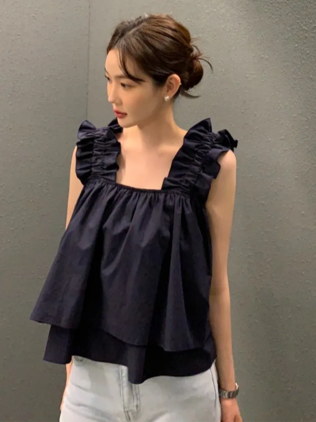 Summer Design Loose Doll Shirt Vest Top Women's Fashion Square Collar Bone Exposure Wooden  Ear Quality Casual Style