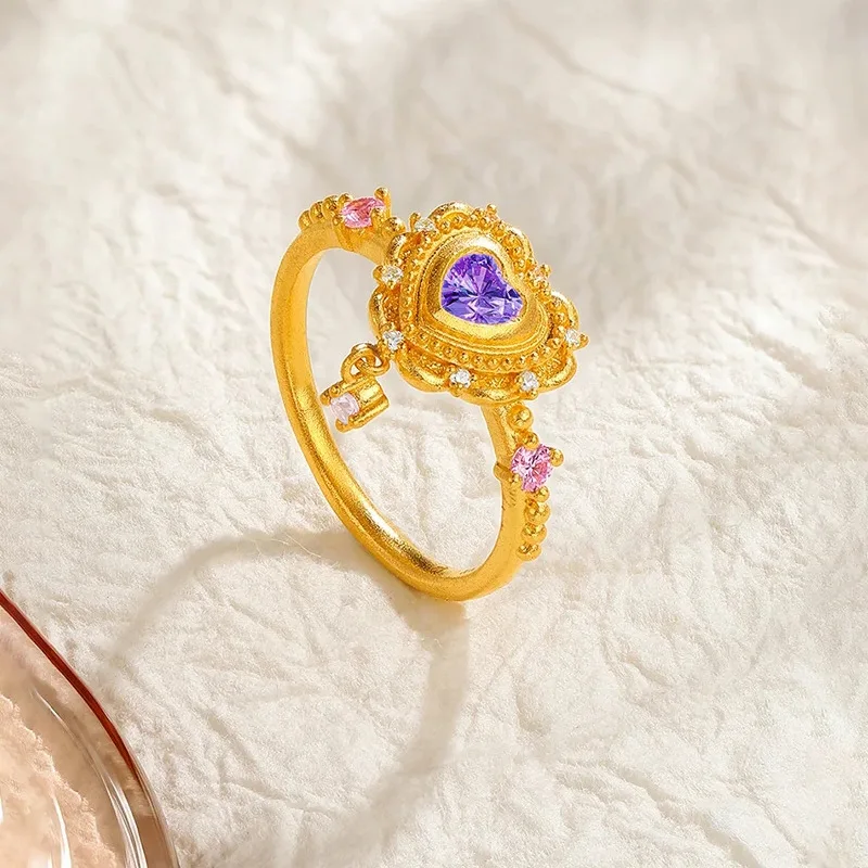 

Purple Zircon Heart Open Ring Women's 24K Gold AU999 - Shiny gold heart shape, purple zircon accent, ideal for charming dates