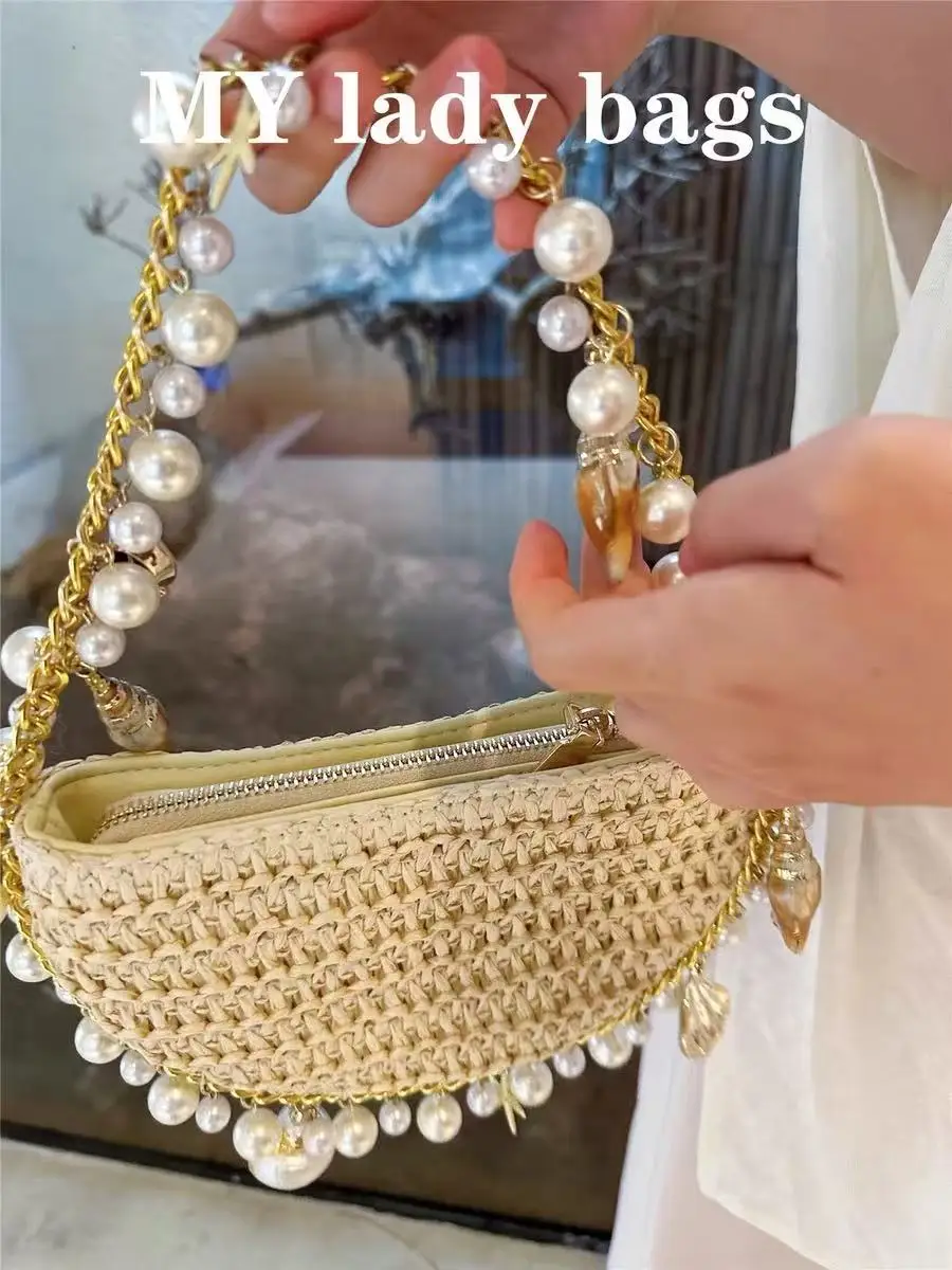 Shell Case Clutch Purse Holiday Beach Bag Pearl Beading Chain Half Moon Bag Straw Woven Handmade Women Handbag Shoulder Bag
