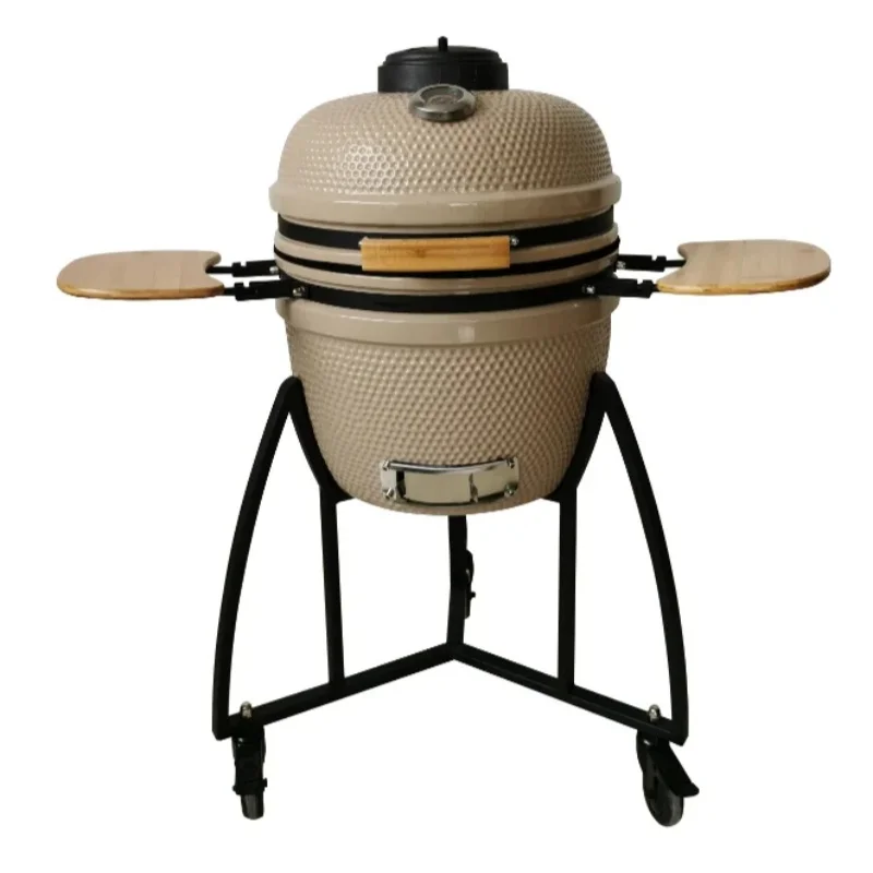 Ceramic charcoal grill with durable stainless steel structure and compact design, suitable for outdoor camping and barbecue