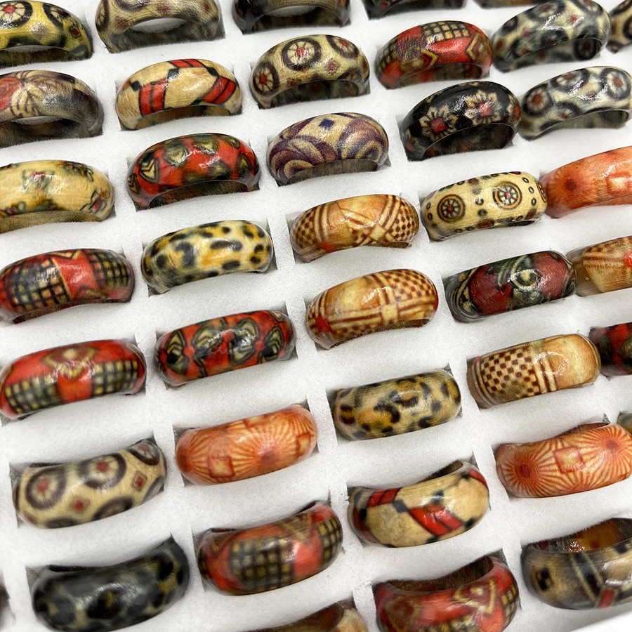 50/100Pcs Vintage African Totem Wood Neutral Ring Ethnic Style Mixed Payment Multi Piece Set Finger Accessories Jewelry Gifts