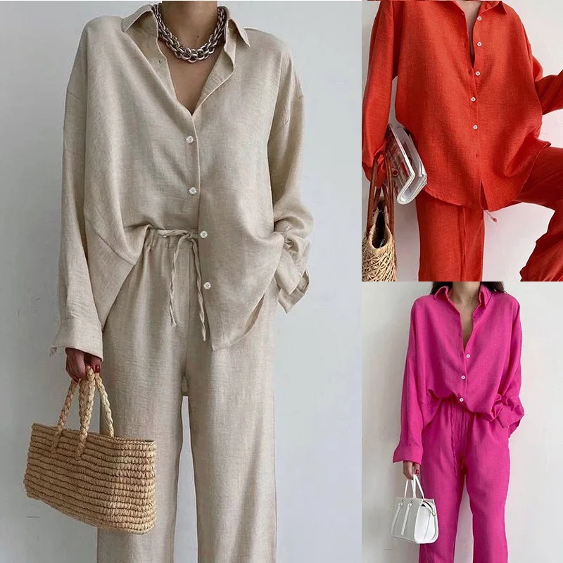 Summer Fashion New Matching Collection Women\'s Loose Single Breasted Top High Waist Wide Leg Pants Cotton Linen Two Piece Sets