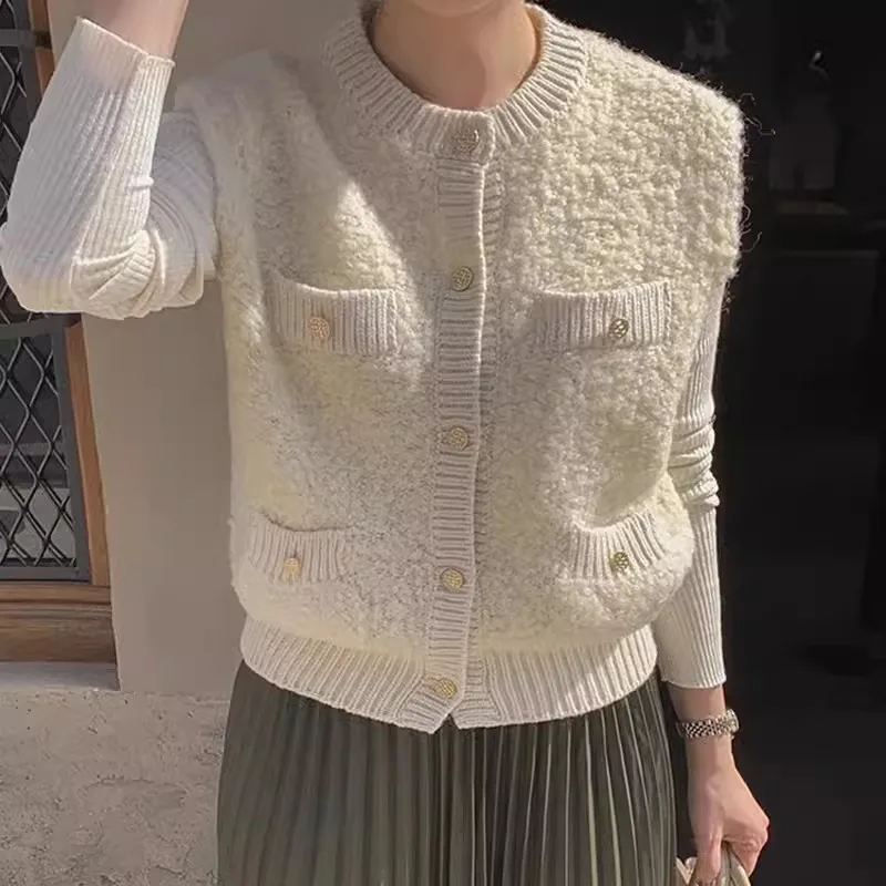 Autumn Fragrant Metal Single Breasted Plush Knitted Vest Coat Women