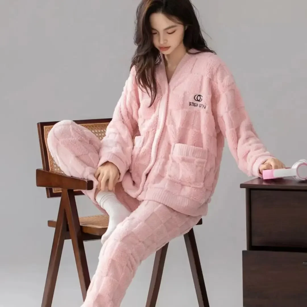 Sleepwear Women Button Cardigan Pajama Sets Long Sleeve Flannel Warm Autumn Winter Homewear Sets Kawaii Clothes Thick Loose