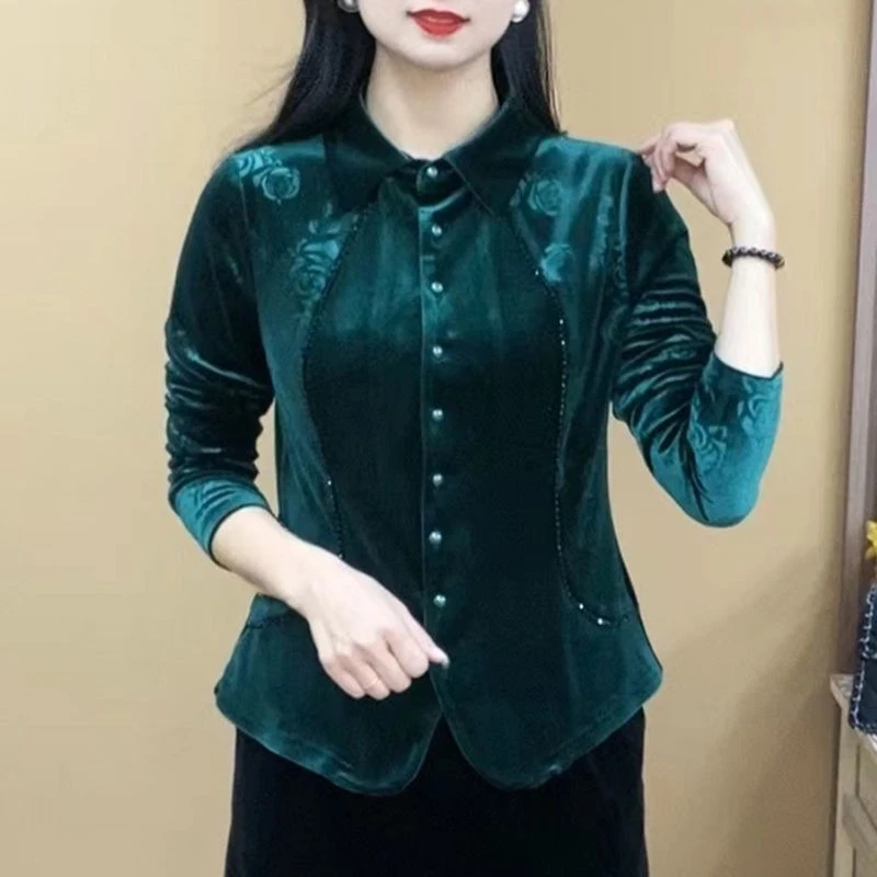 

2025 Spring Fall Women Floral Pattern Green Black Rhinestone Green Black Velvet Top Shirt , Woman Slim Velour Tops Shirts
