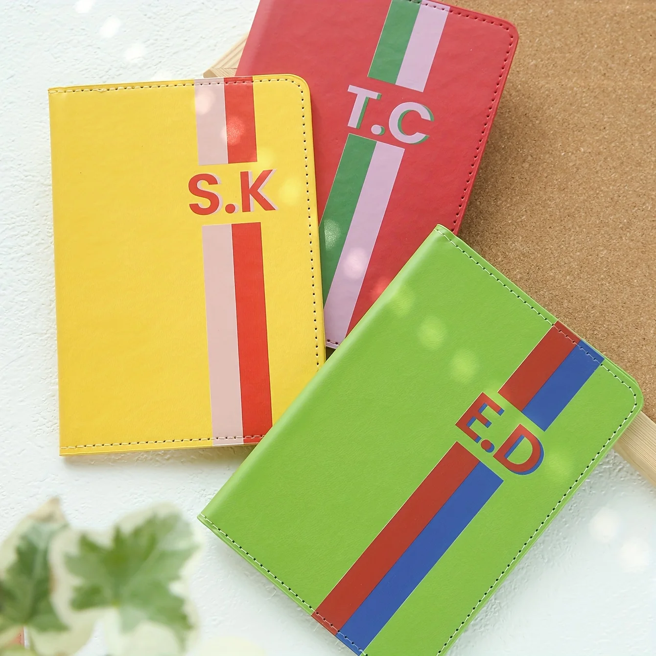 Personalized Passport Holder Featuring Classic Stripes, Customized with Initials. This Bright Monogrammed Faux Leather Cover