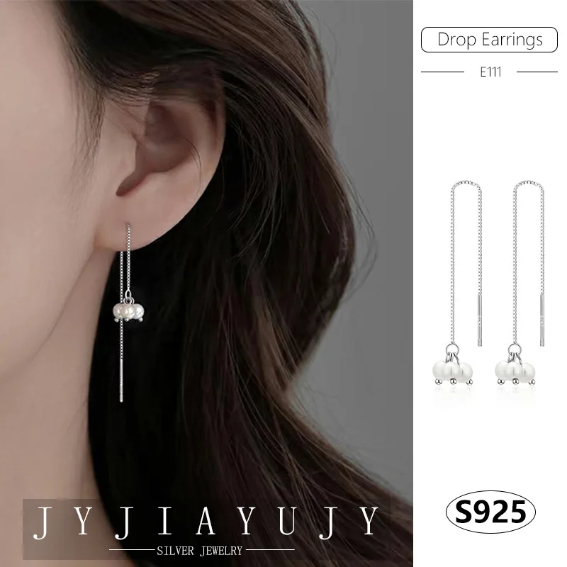 

JYJIAYUJY 100% Sterling Silver S925 Drop Ear Line Earrings 3PCS 4MM White Shell Pearl Fashion Hypoallergenic Jewelry Gift E111