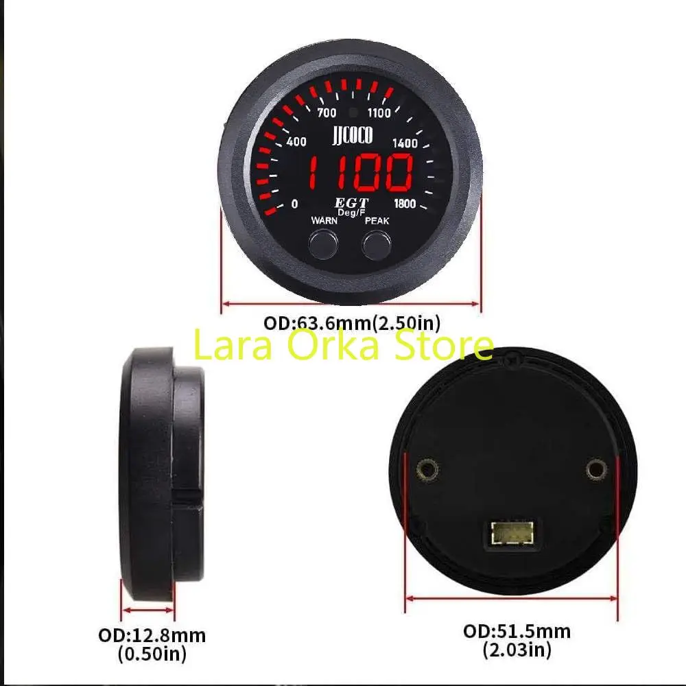 Gas Temperature EGT Gauge Kit Car Gas Temperature Gauge 2‑1/16in 52mm Ultra Thin 0‑1800℉ Red LED Universal with Sensor