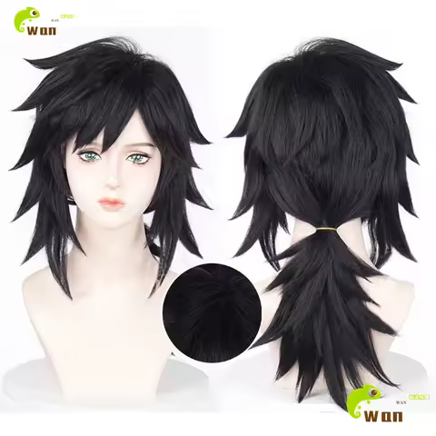 Anime Tomioka Giyuu Cosplay Wig 40cm Long Black Fluffy Wigs Heat Resistant Synthetic Hair Halloween Party Wigs + Wig Cap