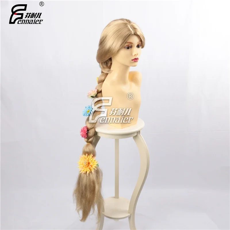 Halloween Vrouwen Prinses Tangled Rapunzel Cosplay Pruik Blonde Vlecht Haar Rol Spelen Lang Gouden Gevlochten Haar Met Bloemen