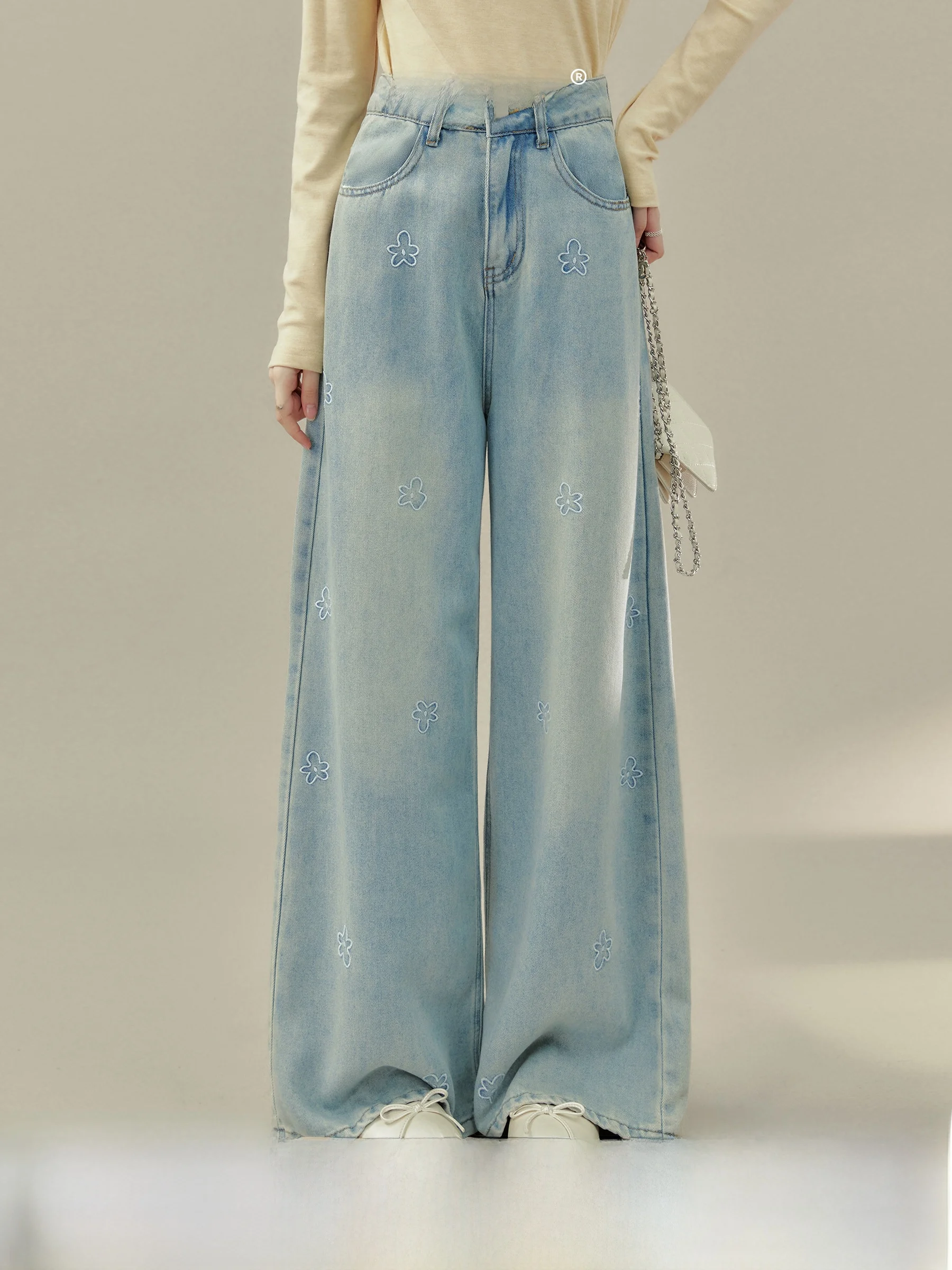 

Ele High Waist Wide Leg Embroidered Jeans Women's Light Color Straight Cut Spring Season Loose Fit Trousers