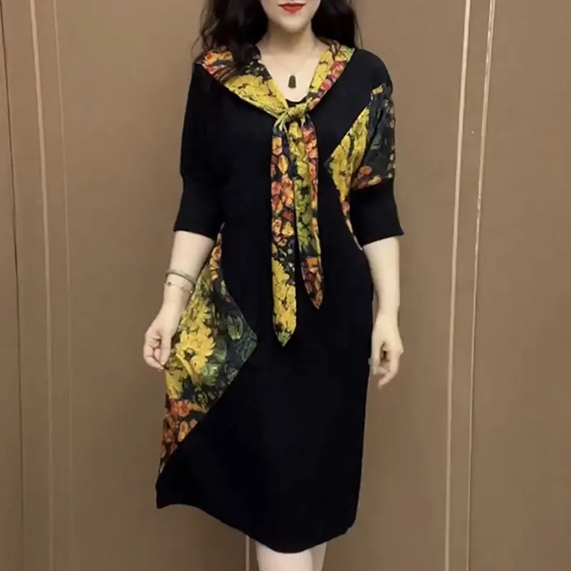 Casual Floral Patchwork Dresses Spring Summer 3/4 Sleeve Women\'s Clothing Scarf Collar Drawstring Loose A-Line Waist Midi Dress