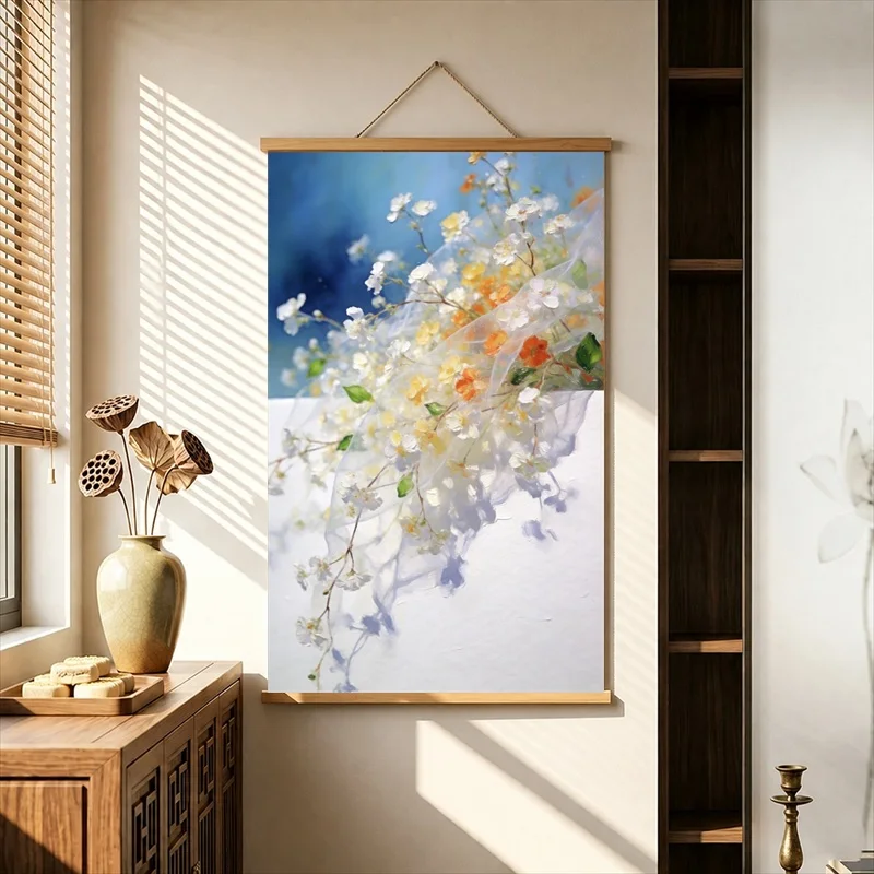 Wall Art White Flowers Blooming beneath Blue Skies, Soft Botanical Pearlescent Canvas Wall Hanging Scroll for Bridal Boutique
