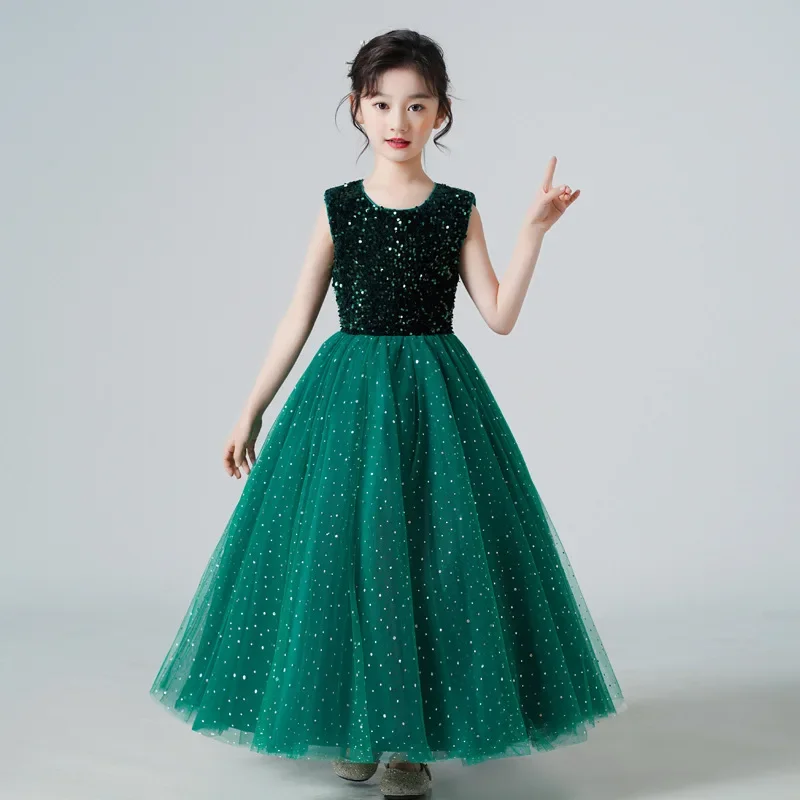 2026 Fashion Solid Color Princess Dresses for Girls Sleeveless Lace Girls Sequin Dress Summer Children Girls Party Dresses 4-14Y