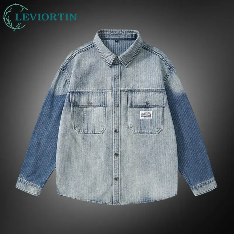 American Style Men's Loose Fit Cargo Denim Shirt With Big Pocket Trendy Washed Gradient Striped Long Sleeve Work Shirt Jacket