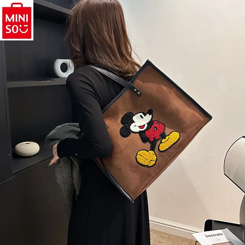 MINISO Deerskin Velvet Mickey Retro Tote Bag Women's Fashion Casual Large Capacity Versatile One Shoulder Commuter Bag