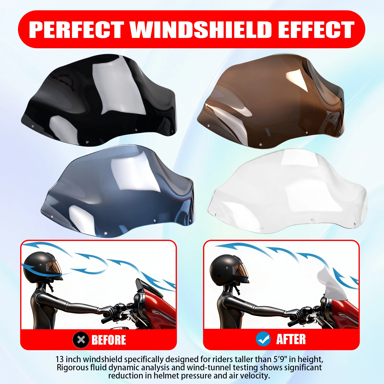 Motorcycle Windshield Suitable for Harley Davidson Dual Light Highway - Road Glide 1998–2013 13 Inch Deep Black 1 Piece