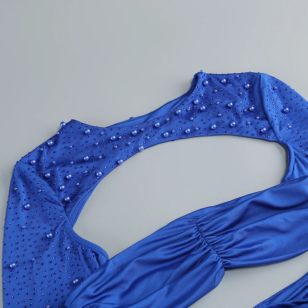 Mini abito slim sexy con ritaglio blu con dettagli in strass – Clubwear estivo da festa increspato a maniche lunghe