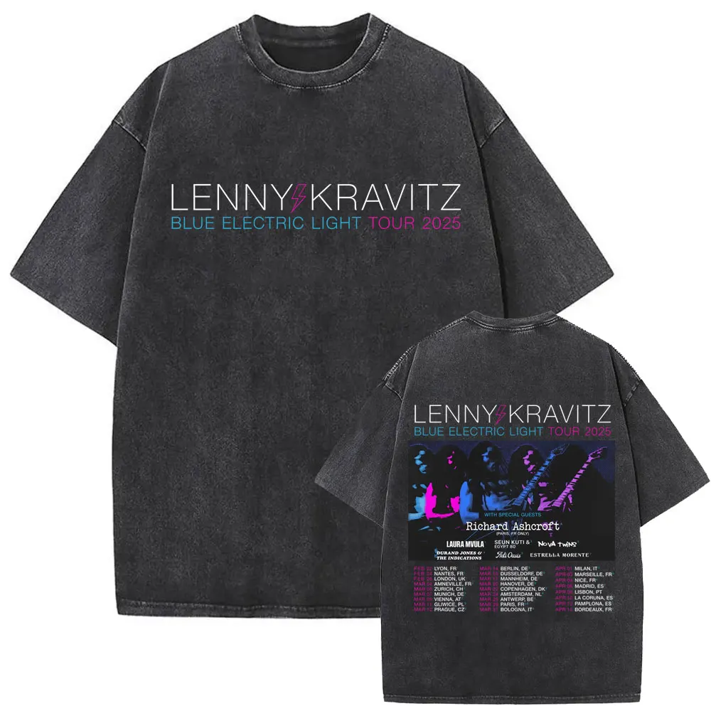 

Singer Lenny Kravitz Vintage Washed T-shirt Blue Electric Light Tour 2025 T Shirts Men Women Retro Oversized T-shirts Streetwear