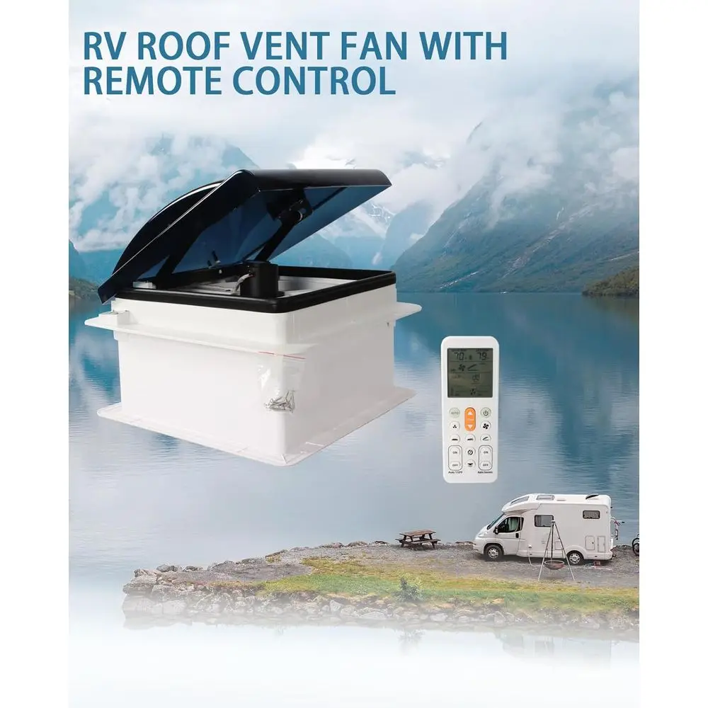 14'' RV Roof Vent 12V 10 speeds Reversible Fan Auto Remote Control Removable Insect Net RV Caravan Trailer Van (Smoke Lid)