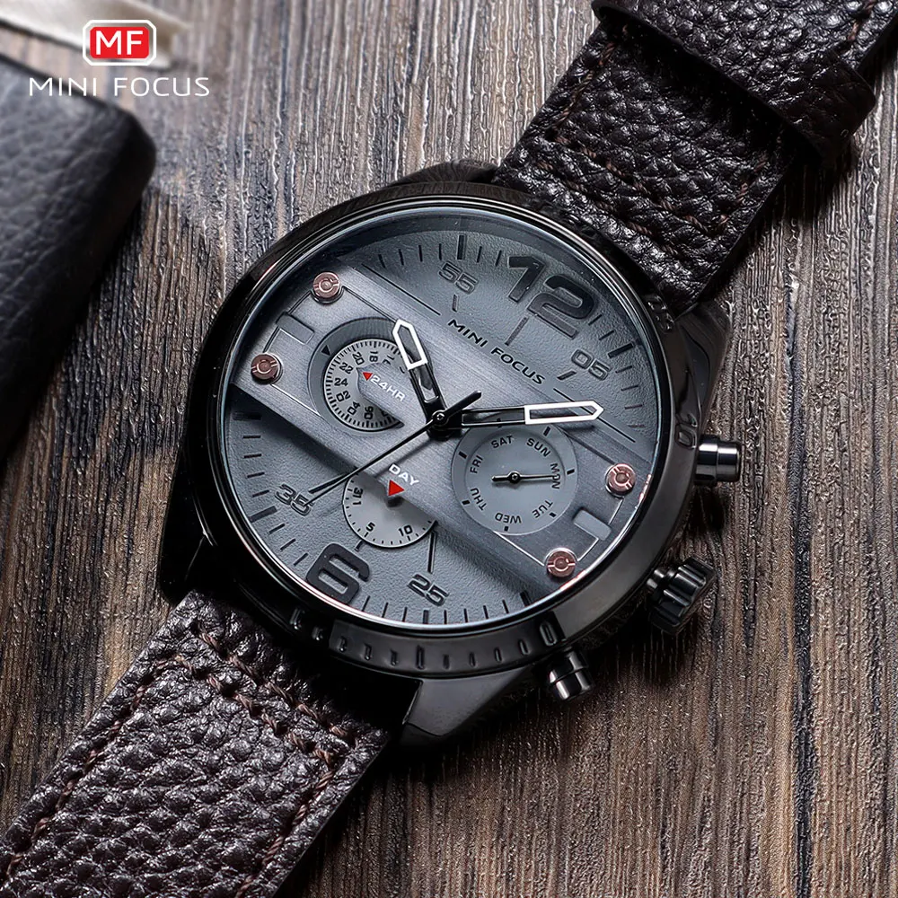 MINI FOCUS Men's Army Sports Quartz Watches Leather Strap Calendar Week Date Waterproof Wristwatch Man Clock Relogios 0068 Brown