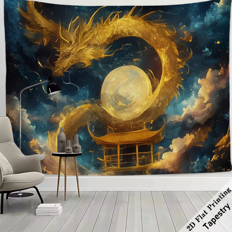 Majestic Dragon Celestial Tapestry Wall Hanging Luxury Gold Asian Art Decor Mythic Landscape Print XL Size