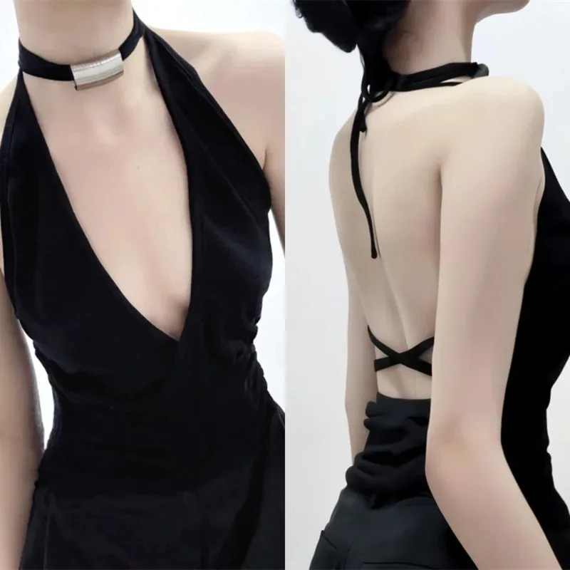 

Sexy Halter Neck Backless Crop Top For Women Summer Sleeveless Tie Up Tank Tops With Metal Buckle Slim Fit Fashion Casual Wear