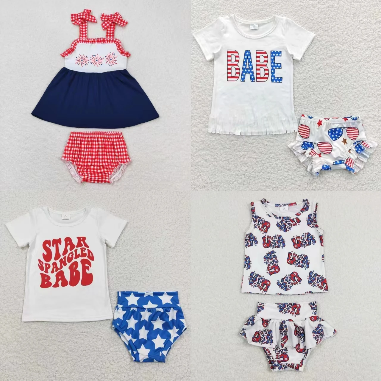 

Wholesale July 4th Baby Girl Set Short Sleeves Shirt Shorts Toddler Bummies Children Summer Two Pieces Newborn Stars Outfit