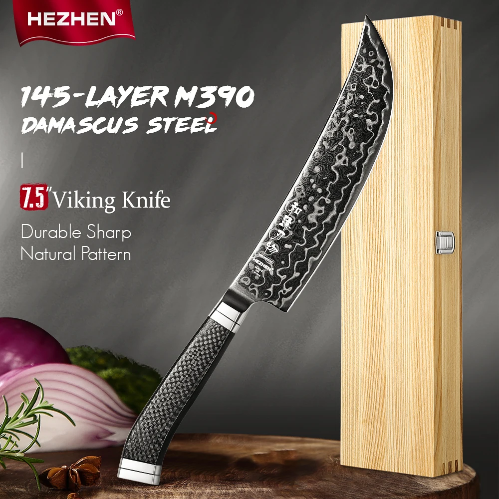 HEZHEN 7.5-inch Viking Knife M390 Steel Core 60±2 HRC 145-Layer Damascus Steel DLC Blade Carbon Fiber Handle