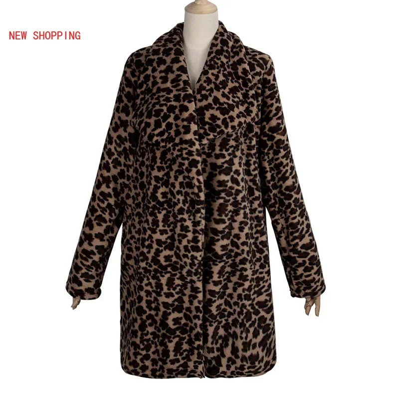 New Women Plush Teddy Coat Autumn Winter Leopard Faux Fur Coats Women Lapel Faux Fur Fluffy Long Teddy Jacket Female Thick Warm